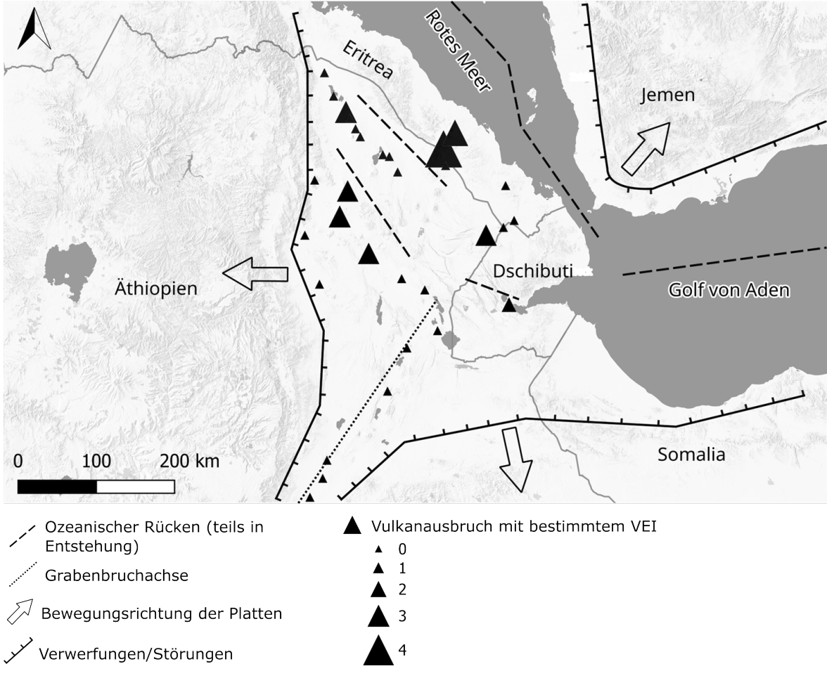Karte von Ostafrika mit Vulkanen, Plattengrenzen und Ländern wie Äthiopien, Eritrea, Dschibuti und Jemen.